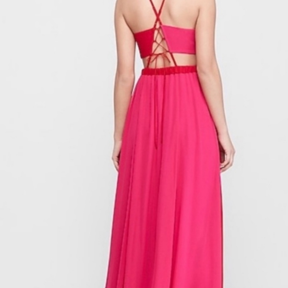 Express Dresses | Color Block Cut-Out Maxi Dress - Red & Pink L - Picture 2 of 3